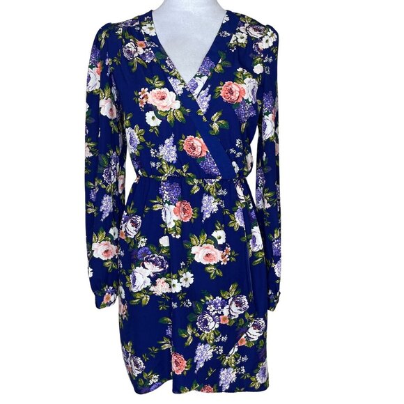 Lulus Blue Floral Long Sleeve Wrap Mini Dress Size M Made in USA - Picture 2 of 13